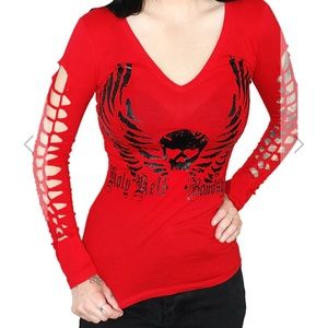 NWT Demi Loon Holy Hell Bombshell Slashed Cut Up Long Sleeve white/red